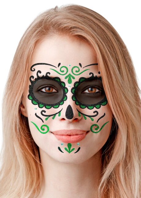 kit maquillage dia de los muertos, kit maquillage jour des morts, kit maquillage day of death, maquillage mort mexicaine, autocollants visage, Autocollants Glitter pour Visage, Verts