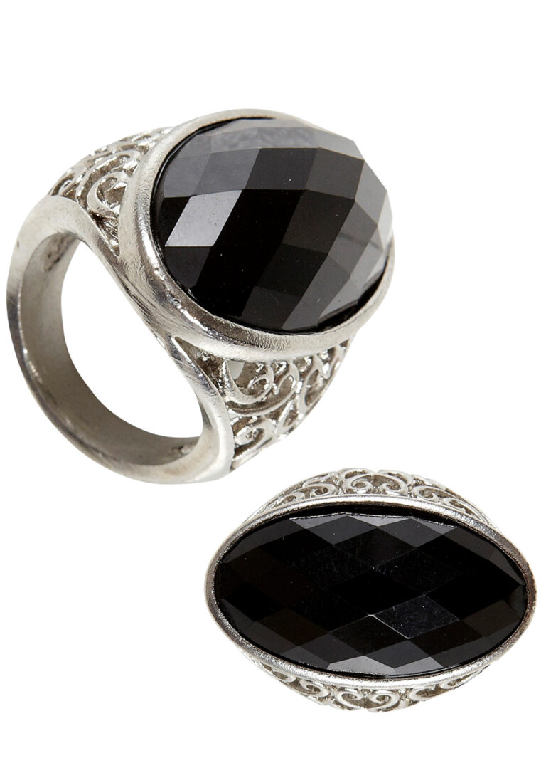 Bague Lune Noire Ajustable Style Gothique - Pierre Bleue Changeante, Métal Fantaisie