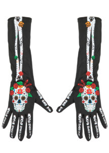 gants jour des morts, accessoire mort mexicaine, gants halloween, Gants Noirs, Fleurs et Crâne, Jour des Morts