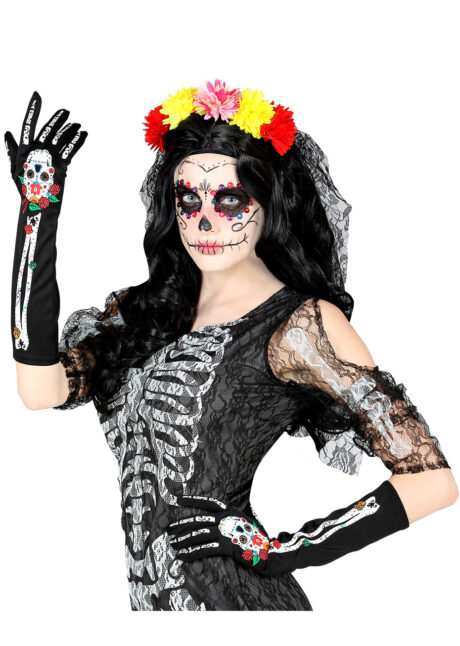 gants jour des morts, accessoire mort mexicaine, gants halloween, Gants Noirs, Fleurs et Crâne, Jour des Morts