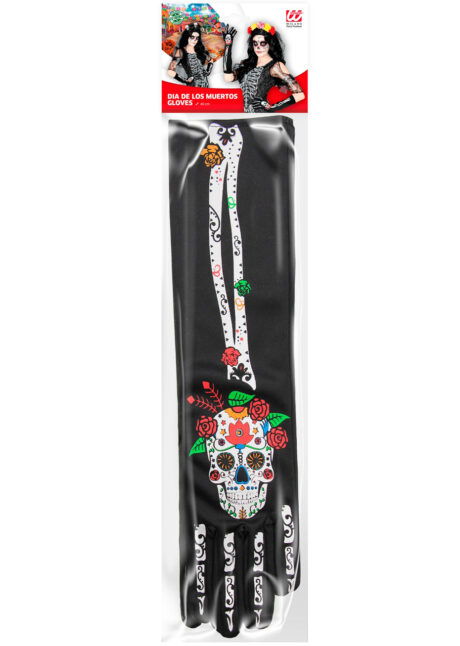 gants jour des morts, accessoire mort mexicaine, gants halloween, Gants Noirs, Fleurs et Crâne, Jour des Morts
