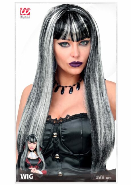 perruque femme noire et blanche, perruque longue femme, perruque Halloween femme, Perruque Longue Noire à Mèches Blanches et Frange