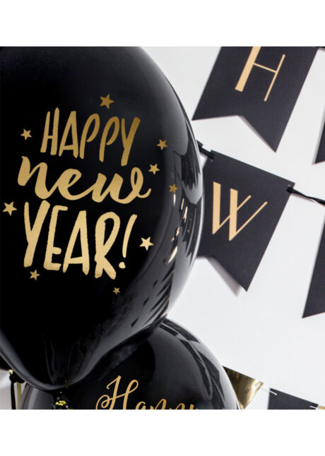 ballons latex, ballons réveillons, ballons bonne année, ballon nouvel an, ballon noir, Ballons Imprimés Happy New Year, Noirs et Or, en Latex