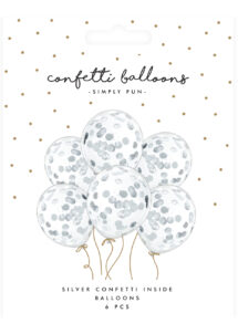 ballons confettis, ballons transparents avec confettis, ballons hélium, ballons baudruche, Ballons Confettis Ronds Métal Argent, x 6