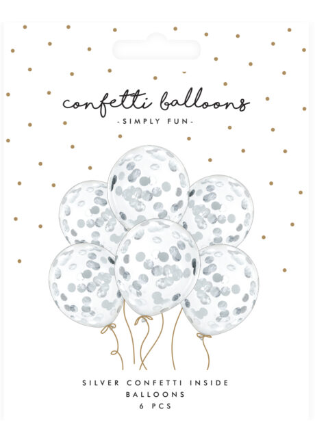 ballons confettis, ballons transparents avec confettis, ballons hélium, ballons baudruche, Ballons Confettis Ronds Métal Argent, x 6
