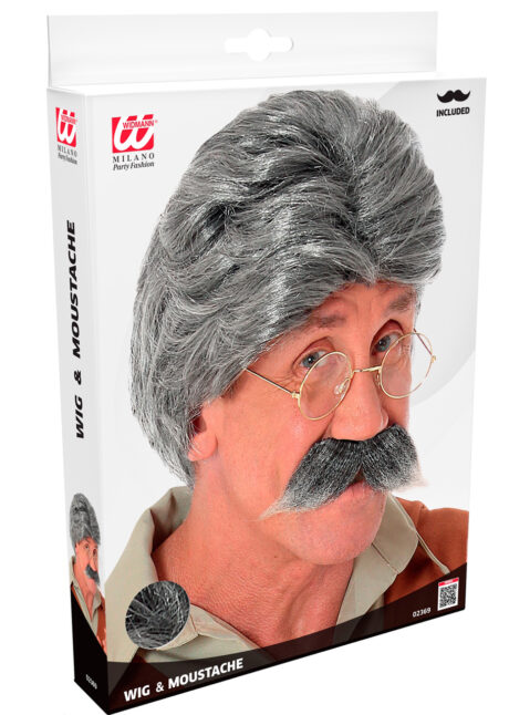 perruque grise homme, perruque gepetto, perruque avec moustache, perruque cheveux gris, Perruque Gepetto avec Moustache, Grise