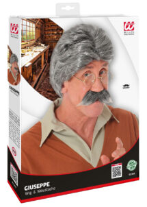 perruque grise homme, perruque gepetto, perruque avec moustache, perruque cheveux gris