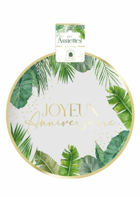 assiettes anniversaire tropical, assiettes anniversaire adulte, Assiettes Anniversaire Thème Tropical – Feuillage Vert et Doré – 23 cm