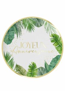 assiettes anniversaire tropical, assiettes anniversaire adulte, Assiettes Anniversaire Thème Tropical – Feuillage Vert et Doré – 23 cm