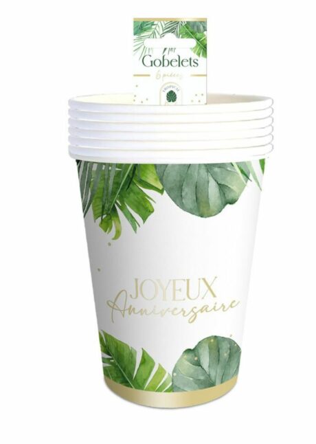 gobelets anniversaire tropical, gobelets en carton anniversaire, Gobelets Anniversaire Thème Tropical – Feuillage Vert et Doré – 210 ml
