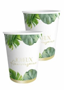 gobelets anniversaire tropical, gobelets en carton anniversaire, Gobelets Anniversaire Thème Tropical – Feuillage Vert et Doré – 210 ml
