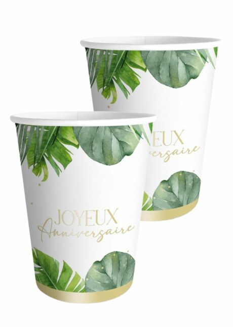 gobelets anniversaire tropical, gobelets en carton anniversaire, Gobelets Anniversaire Thème Tropical – Feuillage Vert et Doré – 210 ml