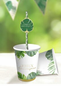 gobelets anniversaire tropical, gobelets en carton anniversaire, Gobelets Anniversaire Thème Tropical – Feuillage Vert et Doré – 210 ml