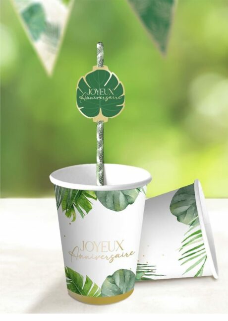 gobelets anniversaire tropical, gobelets en carton anniversaire, Gobelets Anniversaire Thème Tropical – Feuillage Vert et Doré – 210 ml