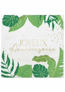 serviettes anniversaire tropical, serviettes anniversaire, Serviettes Anniversaire Thème Tropical – Feuillage Vert et Doré – 33 cm