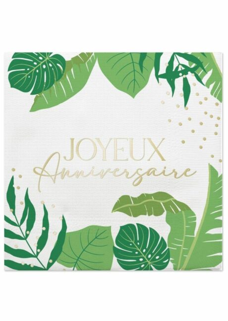 serviettes anniversaire tropical, serviettes anniversaire, Serviettes Anniversaire Thème Tropical – Feuillage Vert et Doré – 33 cm