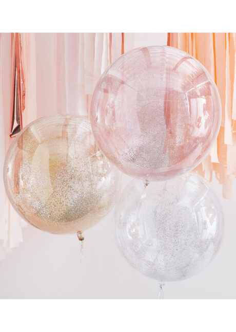 ballons bulles glitter, ballons scintillants, ballons transparents, ballons hélium, ginger ray, 3 Ballons Bulles Glitter, Rose Gold, Doré et Argent, Ginger Ray
