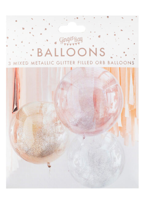 ballons bulles glitter, ballons scintillants, ballons transparents, ballons hélium, ginger ray, 3 Ballons Bulles Glitter, Rose Gold, Doré et Argent, Ginger Ray