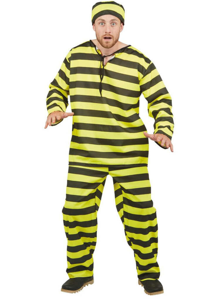 Déguisement Prisonnier Homme Complet - Costume Orange Rayé + Chapeau + Menottes + Panneau - Carnaval Halloween