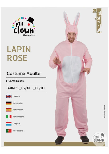 déguisement de lapin, costume de lapin, déguisement animaux adultes, Déguisement de Lapin Rose, Ventre Blanc