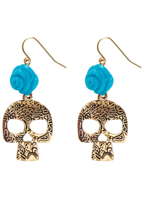 boucles d'oreilles jour des morts, bijoux jour des morts, accessoire mort mexicaine, Boucles d’Oreilles Jour des Morts, Crâne Métal, Fleur Bleue