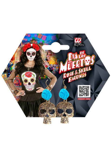 boucles d'oreilles jour des morts, bijoux jour des morts, accessoire mort mexicaine, Boucles d’Oreilles Jour des Morts, Crâne Métal, Fleur Bleue