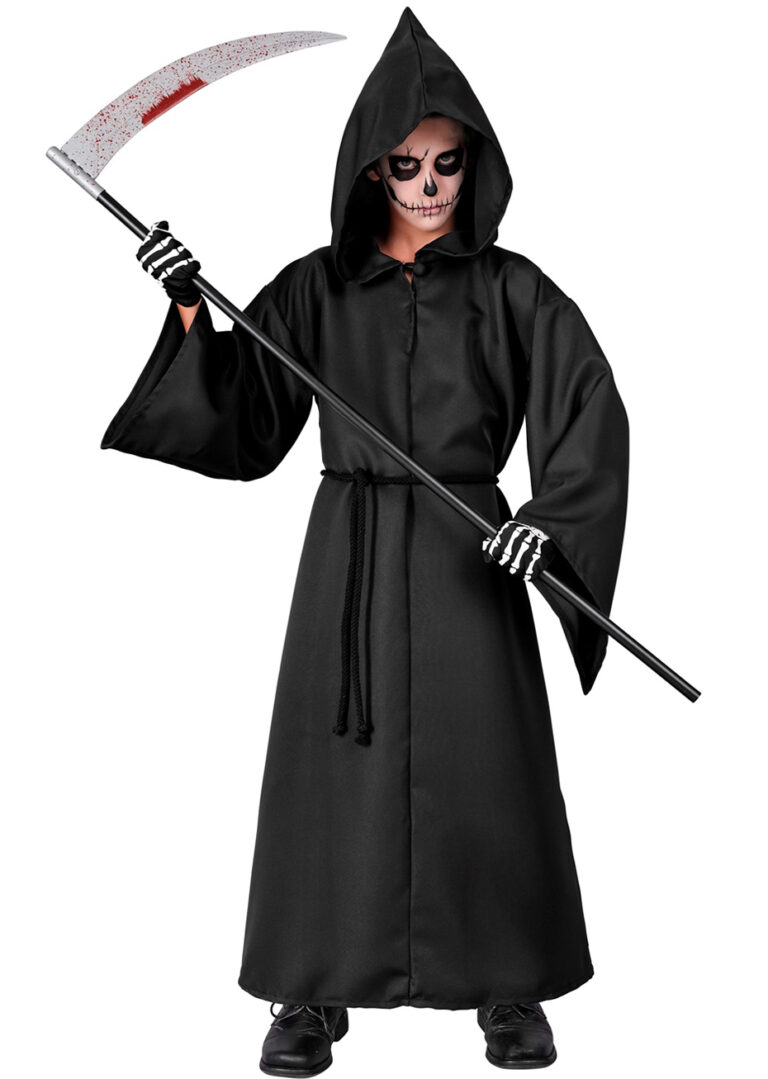 Déguisement Faucheuse Enfant – 7 Pièces – Robe, Capuche, Lunettes LED, Faux – 5-12 Ans – Halloween