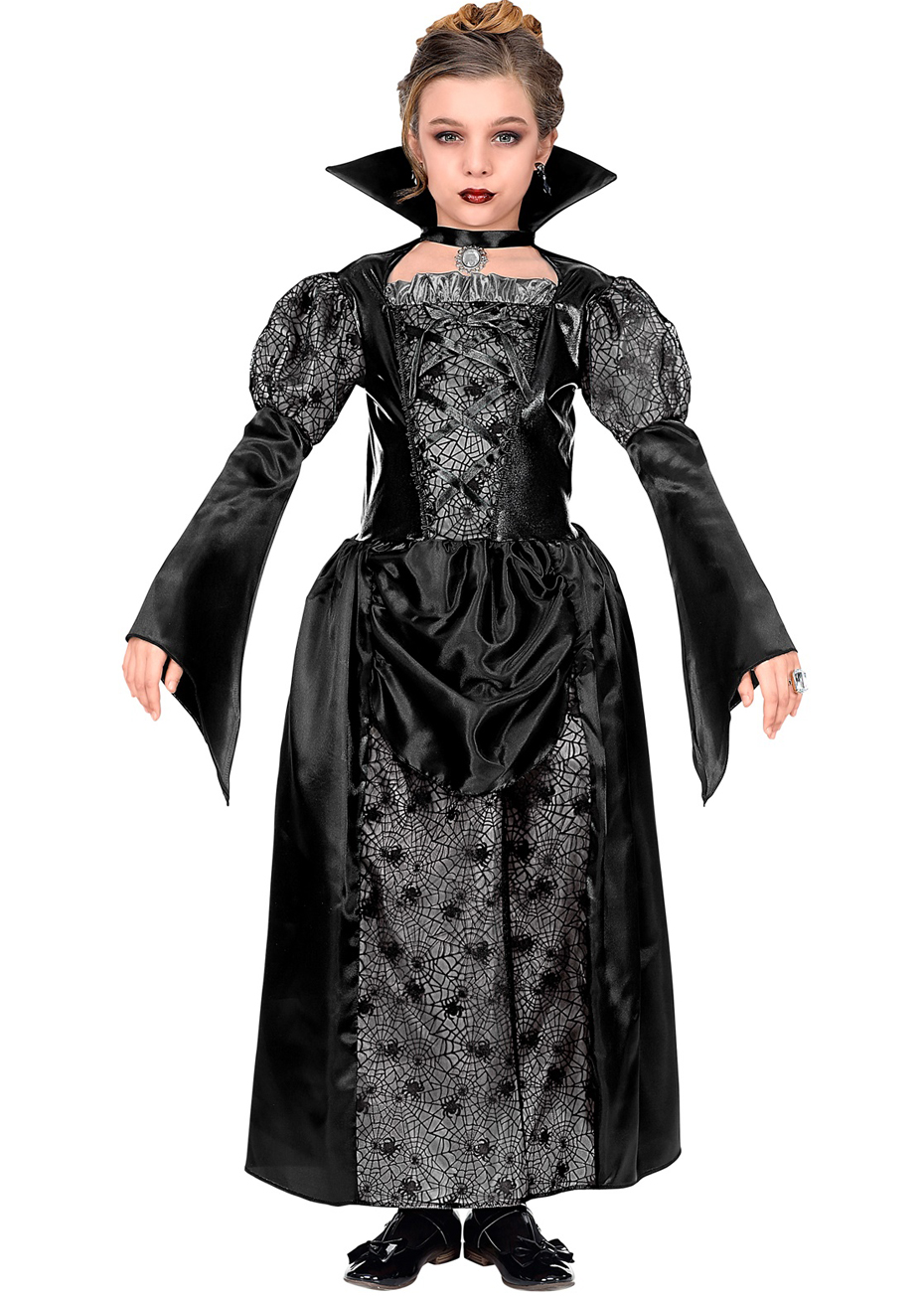 Costume De Vampire Pour Fille Halloween - Robe Gothique Rouge Et Noire Avec Col Montant, Collier Et Dents - Taille S à XL