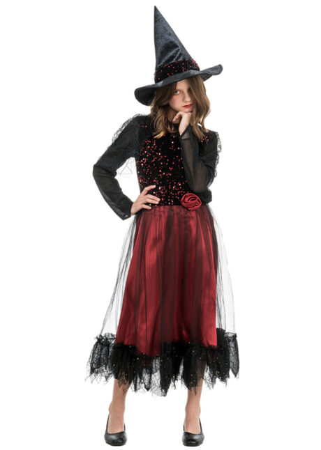 déguisement sorcière fille, déguisement sorcière paillettes, déguisement sorcière rouge et noire, Déguisement de Sorcière Lucida, Rouge, Fille