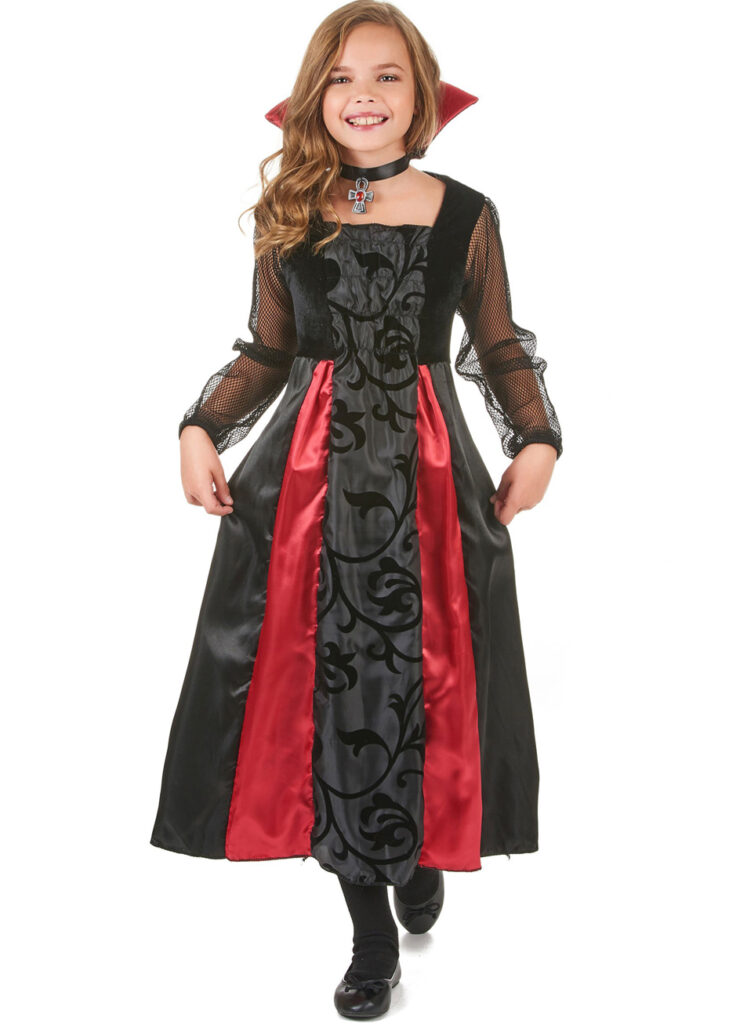 Costume Vampire Pour Fille - Robe Manches Ballon Avec Col Chauve-souris, Pour Halloween Et Fêtes