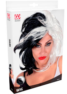 perruque cruella, perruque halloween, perruque noire et blanche