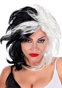 perruque cruella, perruque halloween, perruque noire et blanche