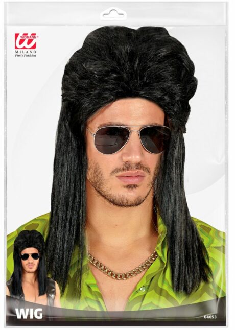 perruque mulet homme, perruque années 80, perruque disco, Perruque Disco Mulet Noire – Cheveux Longs