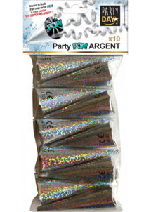 party poppers, serpentins, cotillons, confettis, Party Poppers Coniques, Argent, x 10