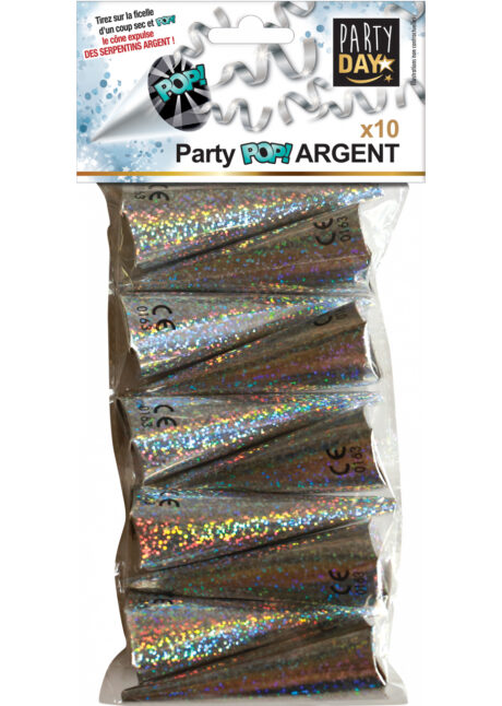 party poppers, serpentins, cotillons, confettis, Party Poppers Coniques, Argent, x 10