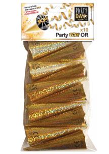 party poppers, serpentins, cotillons, confettis, Party Poppers Coniques, Dorés, x 10