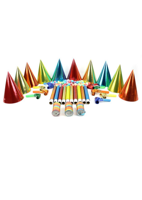 cotillons métallisés pour réveillons, cotillons de fêtes, sarbacanes, chapeaux pointus, Coffret de Cotillons Métal, x 10 Personnes