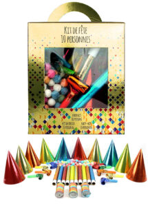 cotillons métallisés pour réveillons, cotillons de fêtes, sarbacanes, chapeaux pointus