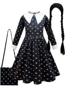 déguisement Mercredi Addams, déguisement mercredi Adams, costume mercredi enfant, Déguisement Ecolière Mercredi, avec Perruque et Sac