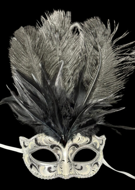 loup vénitien à plumes, masque vénitien plumes, masque vénitien paillettes, Giaco à Plumes, Paillettes Noires et Argent, Vénitien Fait Main