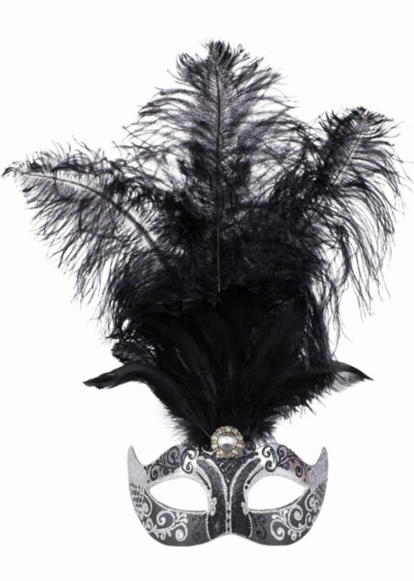 masque vénitien à plumes, loup vénitien à plumes, vénitien plumes noires, Stella à Plumes, Noir et Argent, Vénitien Fait Main