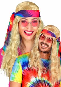 perruque hippie blonde homme, perruque hippie femme, perruque de hippie mixte, Perruque Hippie Blonde Cheveux Longs Gaufrés – avec Bandeau