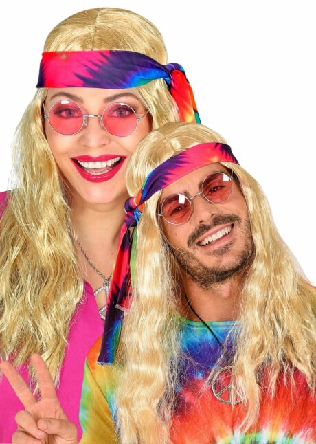 perruque hippie blonde homme, perruque hippie femme, perruque de hippie mixte, Perruque Hippie Blonde Cheveux Longs Gaufrés – avec Bandeau