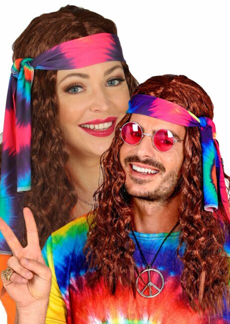 perruque hippie femme, perruque hippie homme, perruque hippie chatain, perruque années 70, Perruque Hippie Châtain Cheveux Longs Gaufrés – avec Bandeau