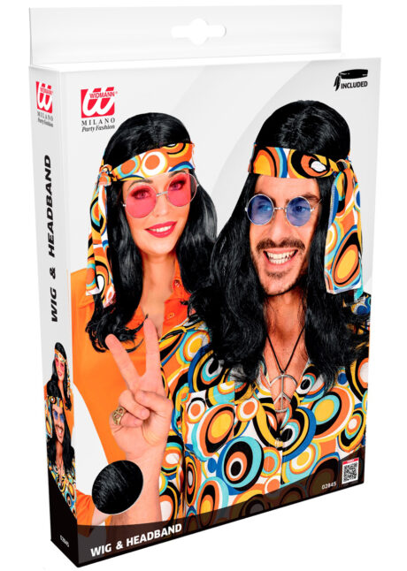 perruque noire, perruque hippie, perruque homme, perruque femme, Perruque Hippie Disco avec Bandeau, Noire