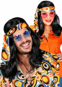 perruque femme, perruque noire, perruque hippie, perruque homme, Perruque Hippie Noire Années 70 – avec Bandeau