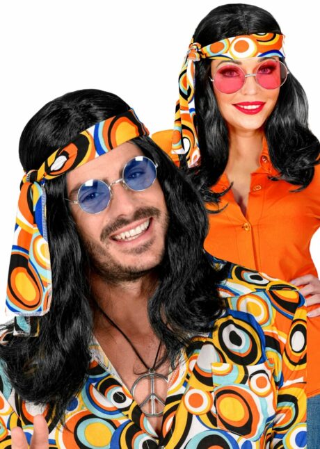 perruque femme, perruque noire, perruque hippie, perruque homme, Perruque Hippie Noire Années 70 – avec Bandeau