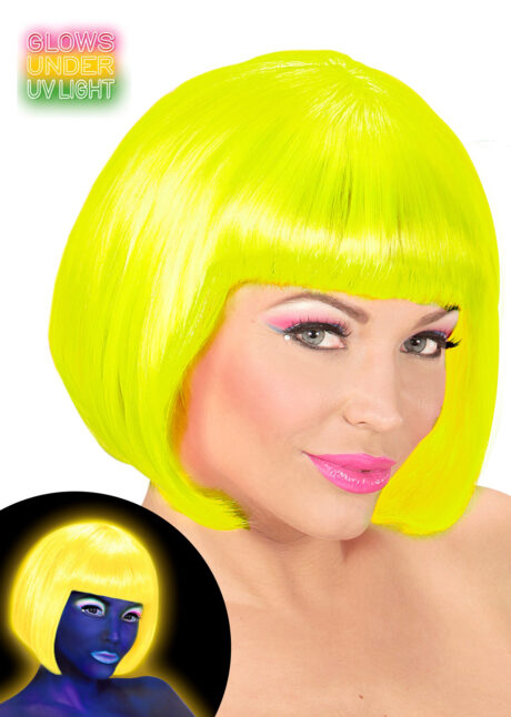 perruque jaune fluo, perruque fluo, perruque phosphorescente, Perruque Fluo Valentina, Jaune Fluo UV