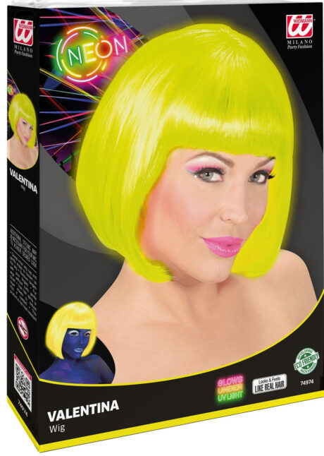 perruque jaune fluo, perruque fluo, perruque phosphorescente, Perruque Fluo Valentina, Jaune Fluo UV