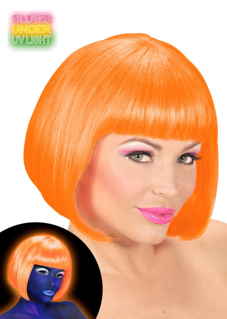 perruque orange fluo, perruque fluorescente, perruque orange, perruque phosphorescente, Perruque Fluo Valentina, Orange Fluo UV